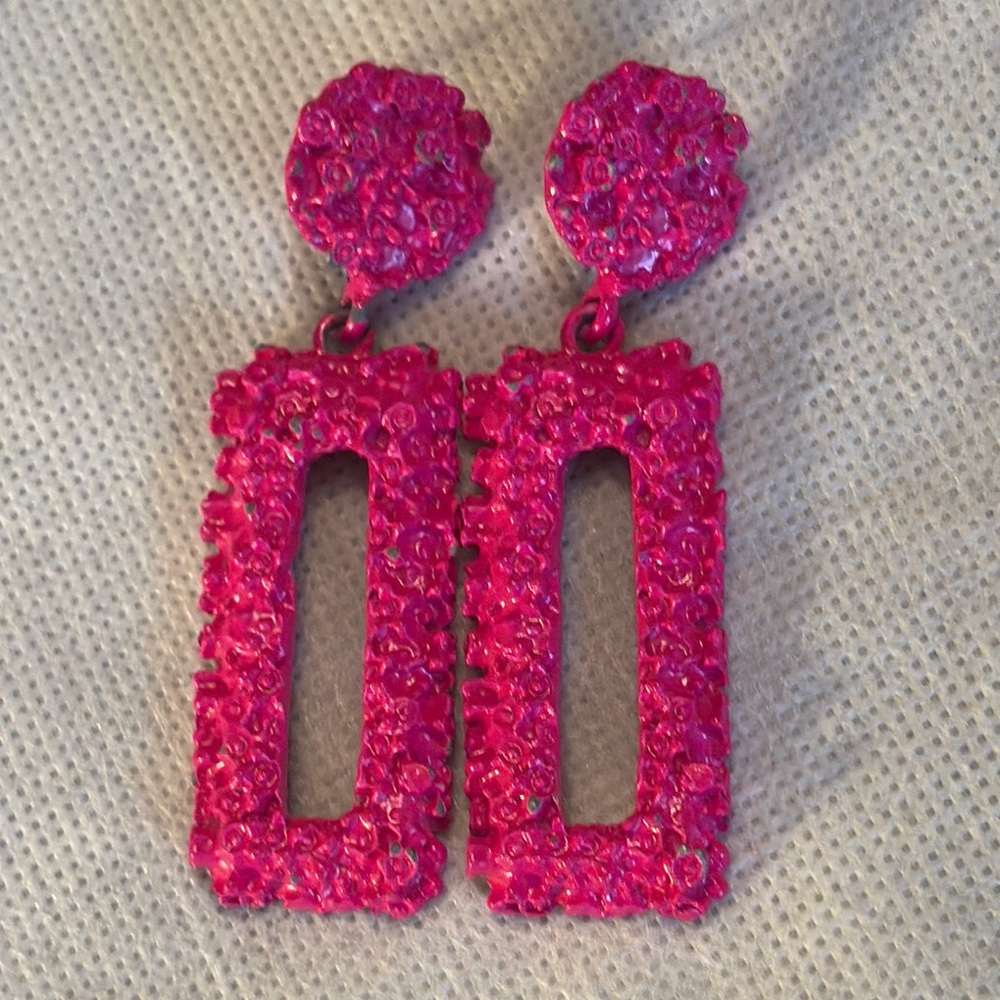 Floral Painted Fuchsia Pink Cut out rectangle dangles round stud Earrings